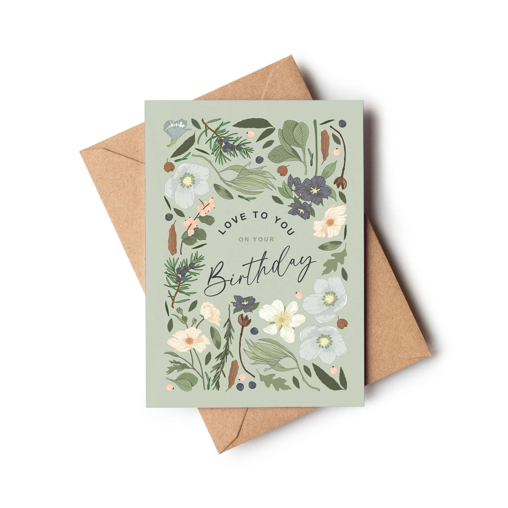 Birthday Love Botanical Pale Green/Grey Floral Greeting Card