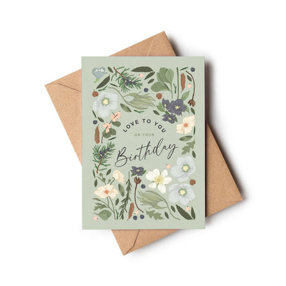 Birthday Love Botanical Pale Green/Grey Floral Greeting Card