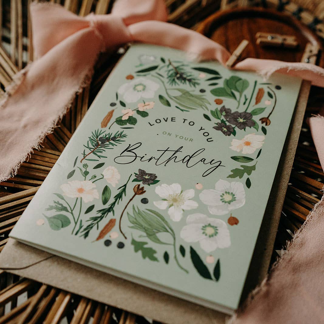 Birthday Love Botanical Pale Green/Grey Floral Greeting Card