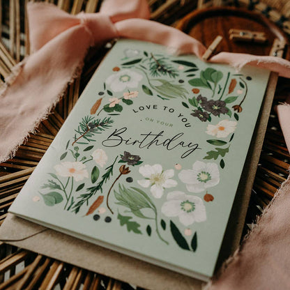 Birthday Love Botanical Pale Green/Grey Floral Greeting Card