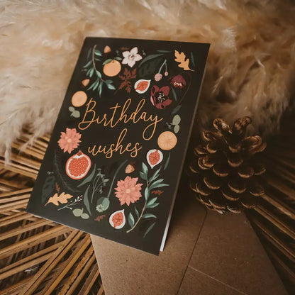 Birthday Wishes Botanical Dark Green Black Greeting Card