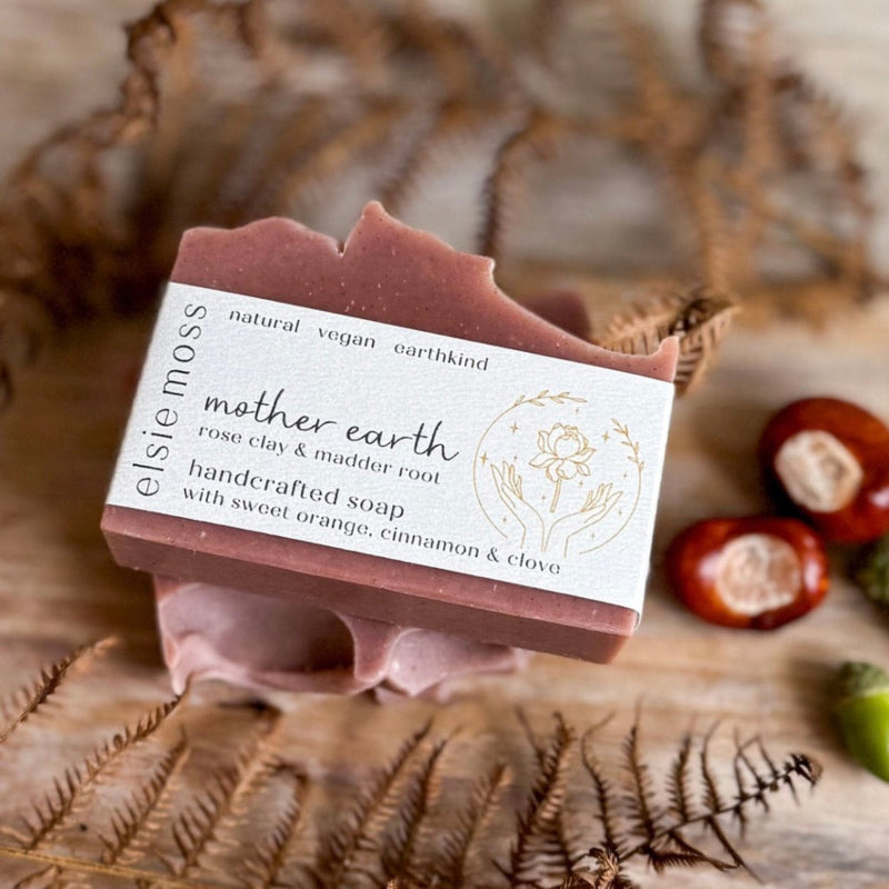 Handcrafted soap bar with a label on a natural background