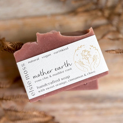 Handcrafted soap bar with a label on a natural background