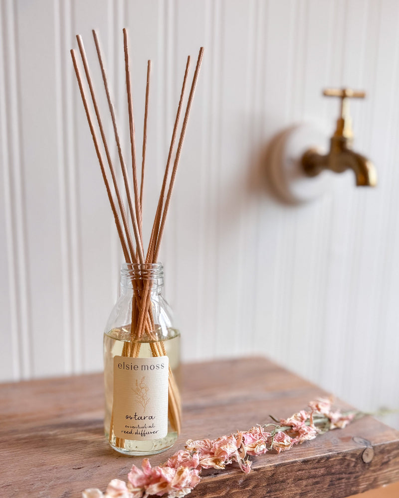 Diffuser bottle with wooden sticks on a wooden surface with a blurred background