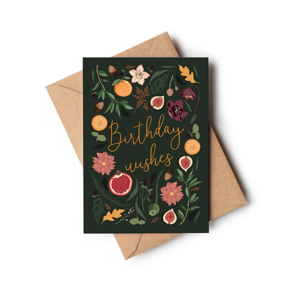 Birthday Wishes Botanical Dark Green Black Greeting Card