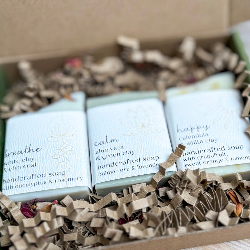 Three bars of soap in a box with visible labels