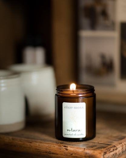 Candle in a glass jar labeled &